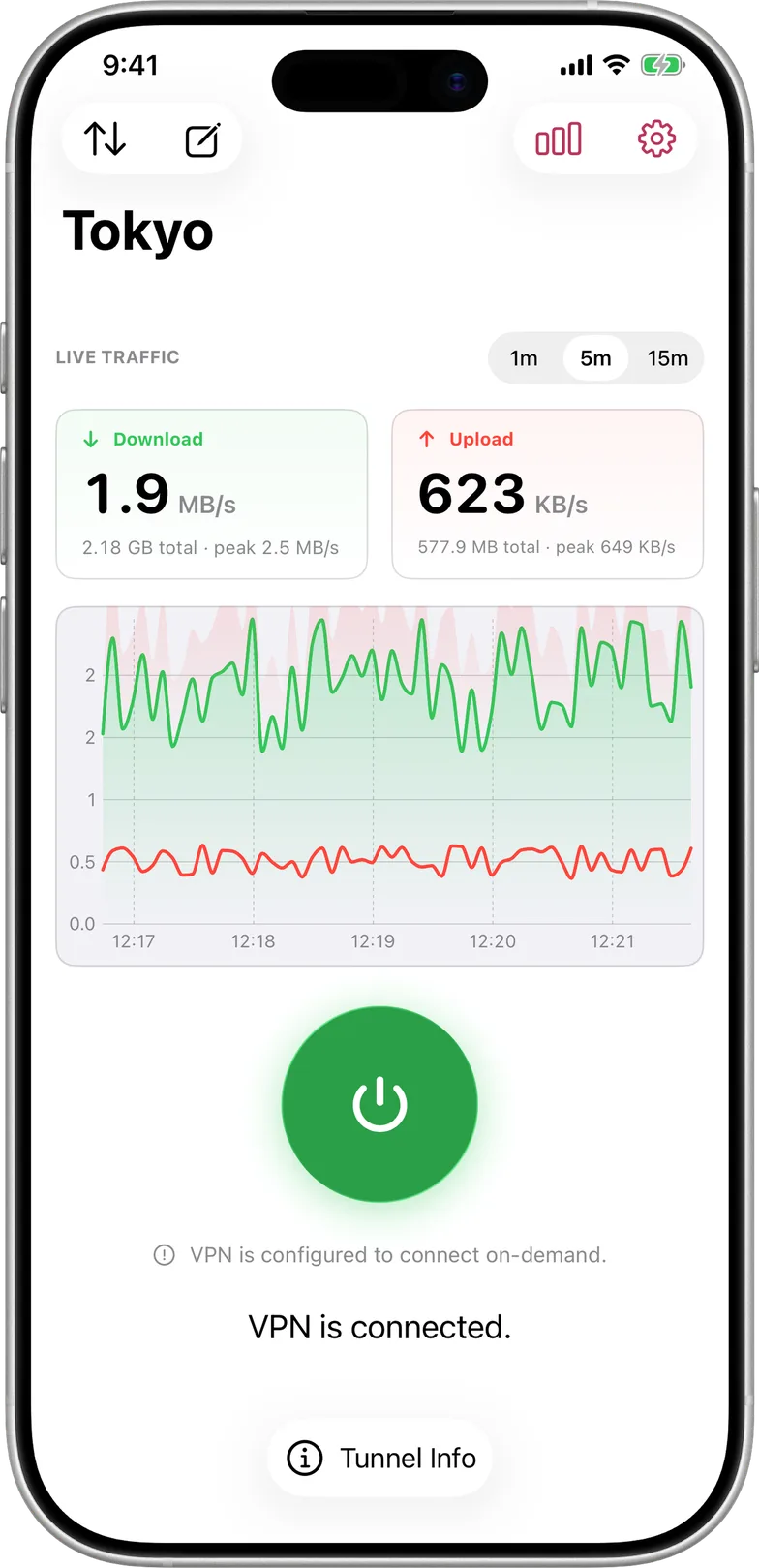 Xlarva on iPhone: a connected tunnel with live download and upload speeds
